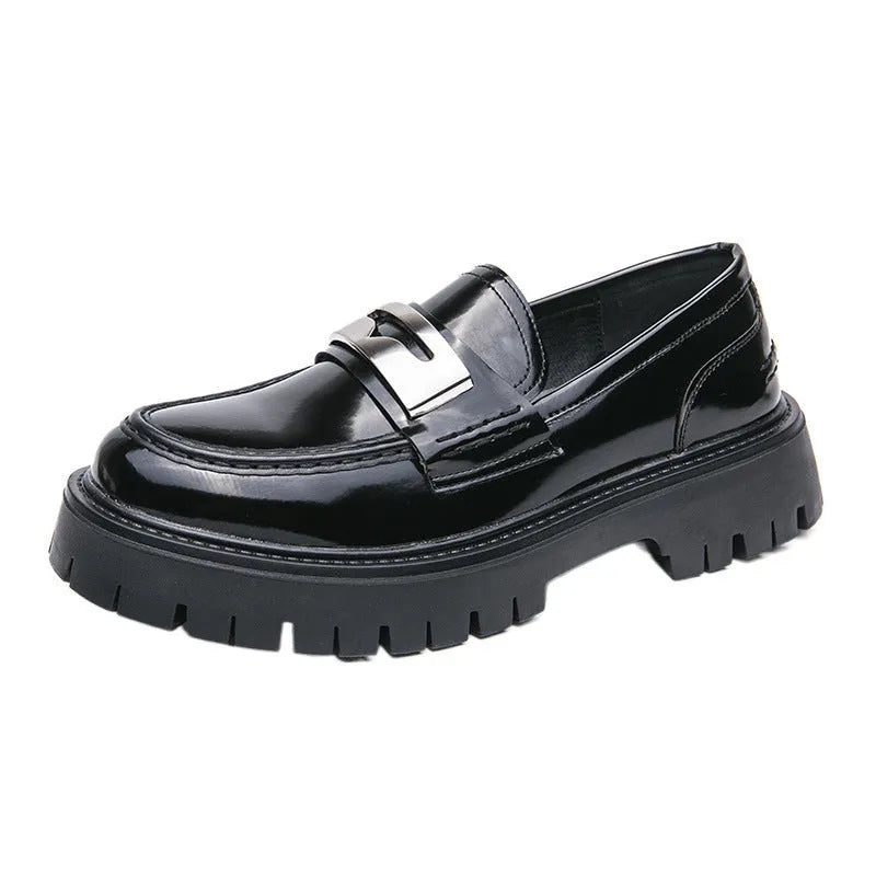 Men's glossy black platform loafers with hidden heel for summer wear