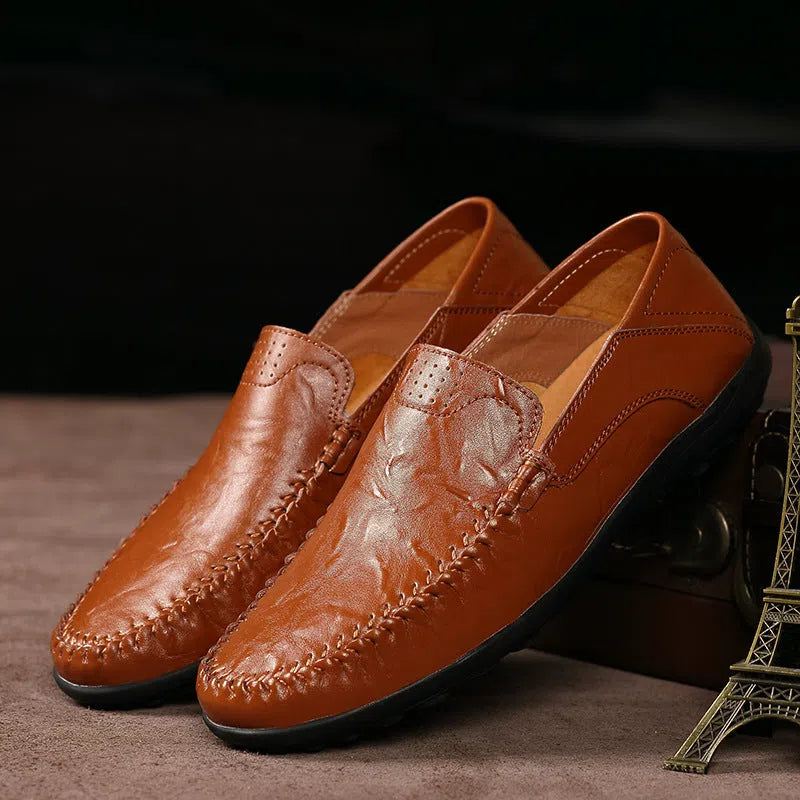 Men's casual leather shoes, genuine leather upper, round toe, slip-on style, black colour