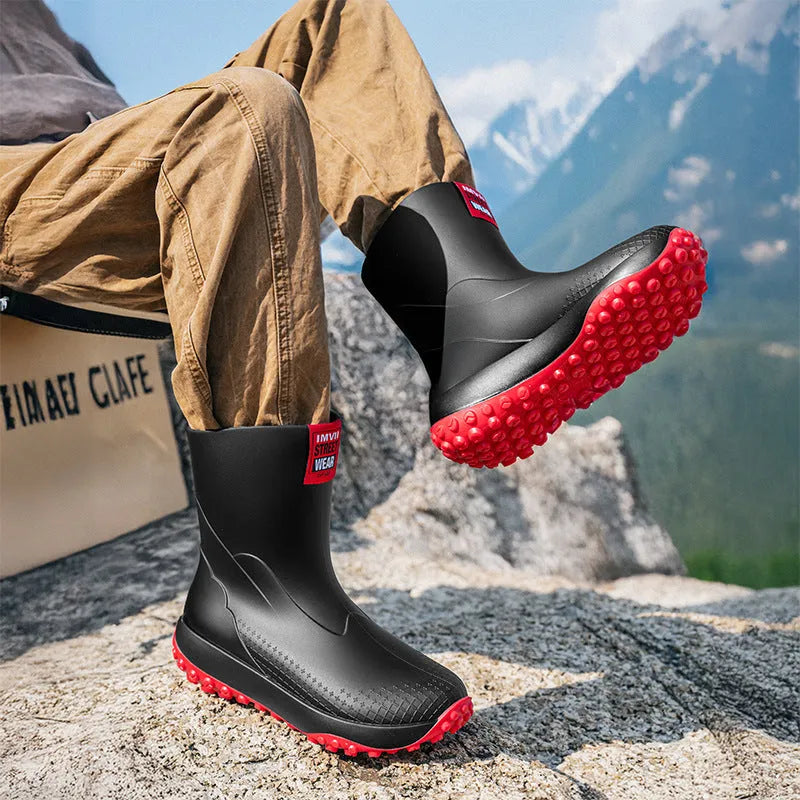 Men's mid-cut waterproof rain boots in four colours with non-slip plastic soles