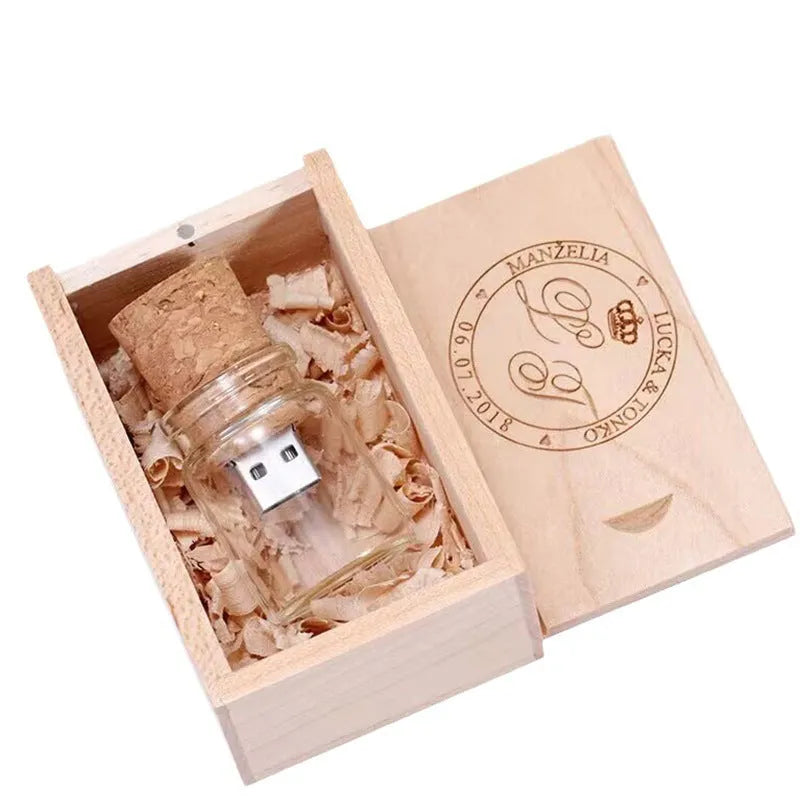 Transparent wooden drift bottle shaped USB flash drive showing six capacity options.