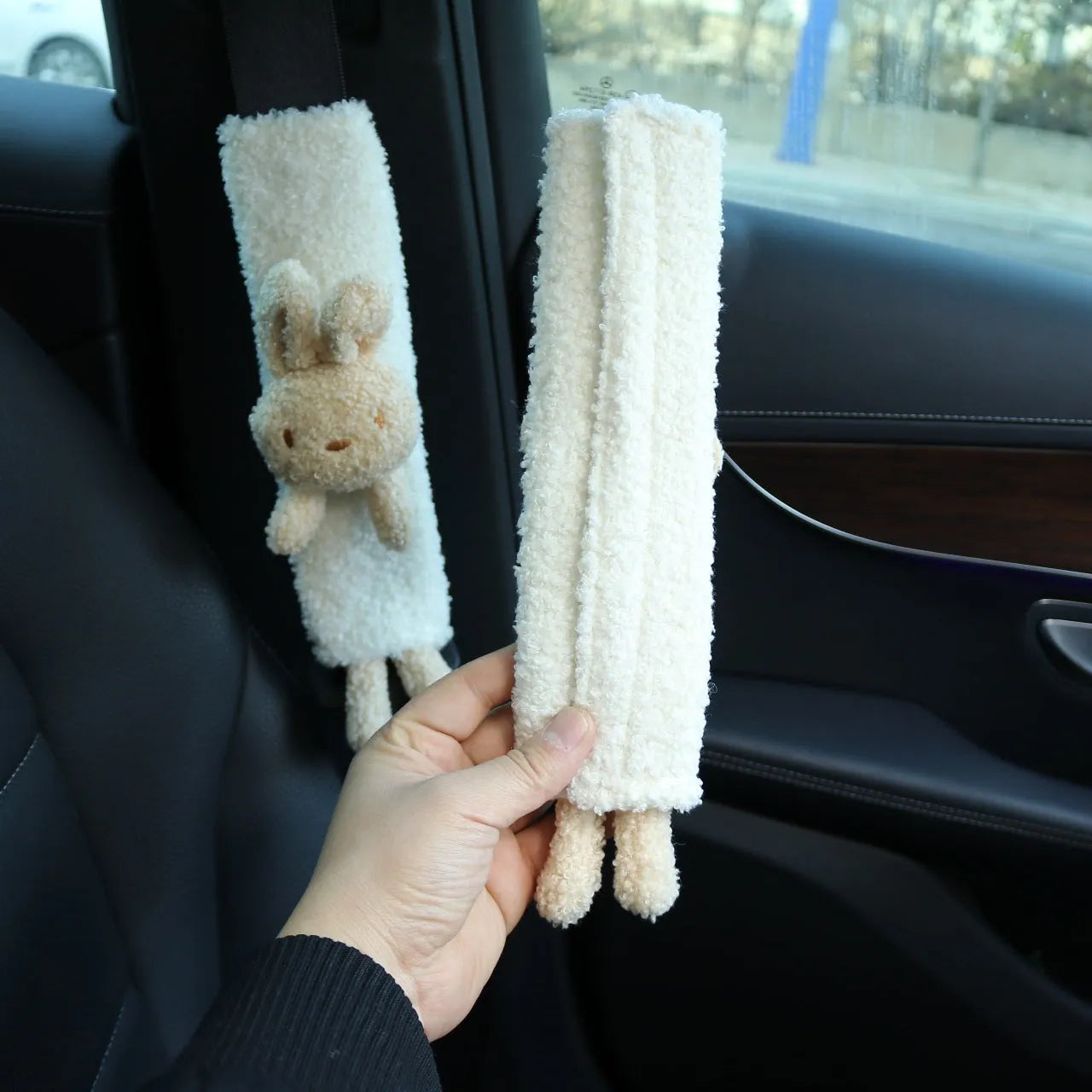 Cartoon plush car seat belt shoulder protector in lamb wool, showing Rabbit and Bear design options.