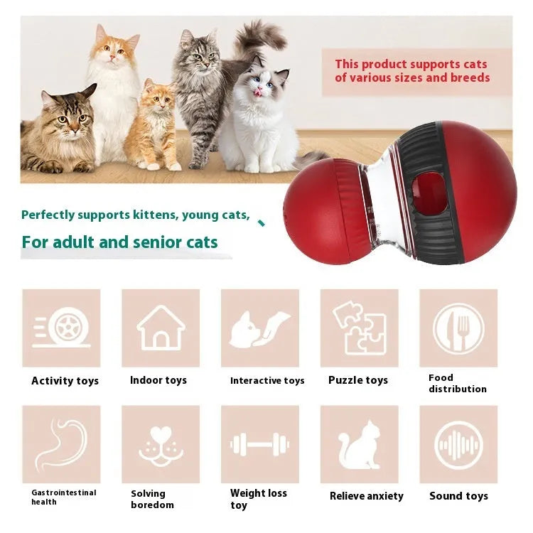 Rotating plastic cat toy ball in super ball colours with food-dispensing and sound features.