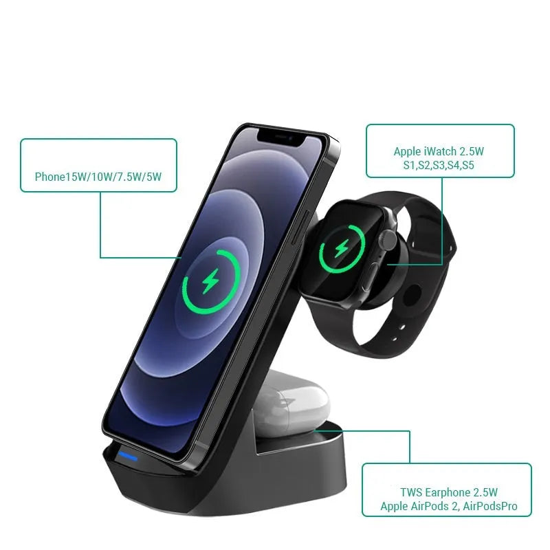 Black grey foldable 3-in-1 wireless charger stand for phone, watch, and earbuds.