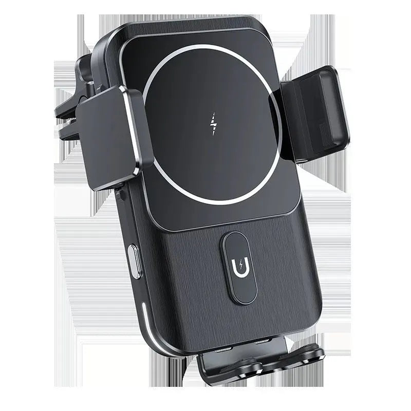 Black wireless charging car phone holder with 15W fast charging and clip or suction cup mount options.