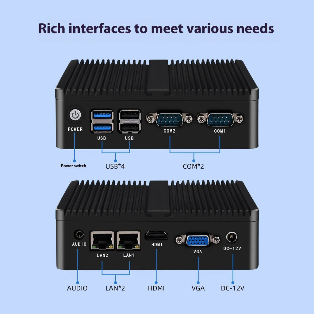 Compact silver industrial fanless mini-host computer with connectivity ports on side.