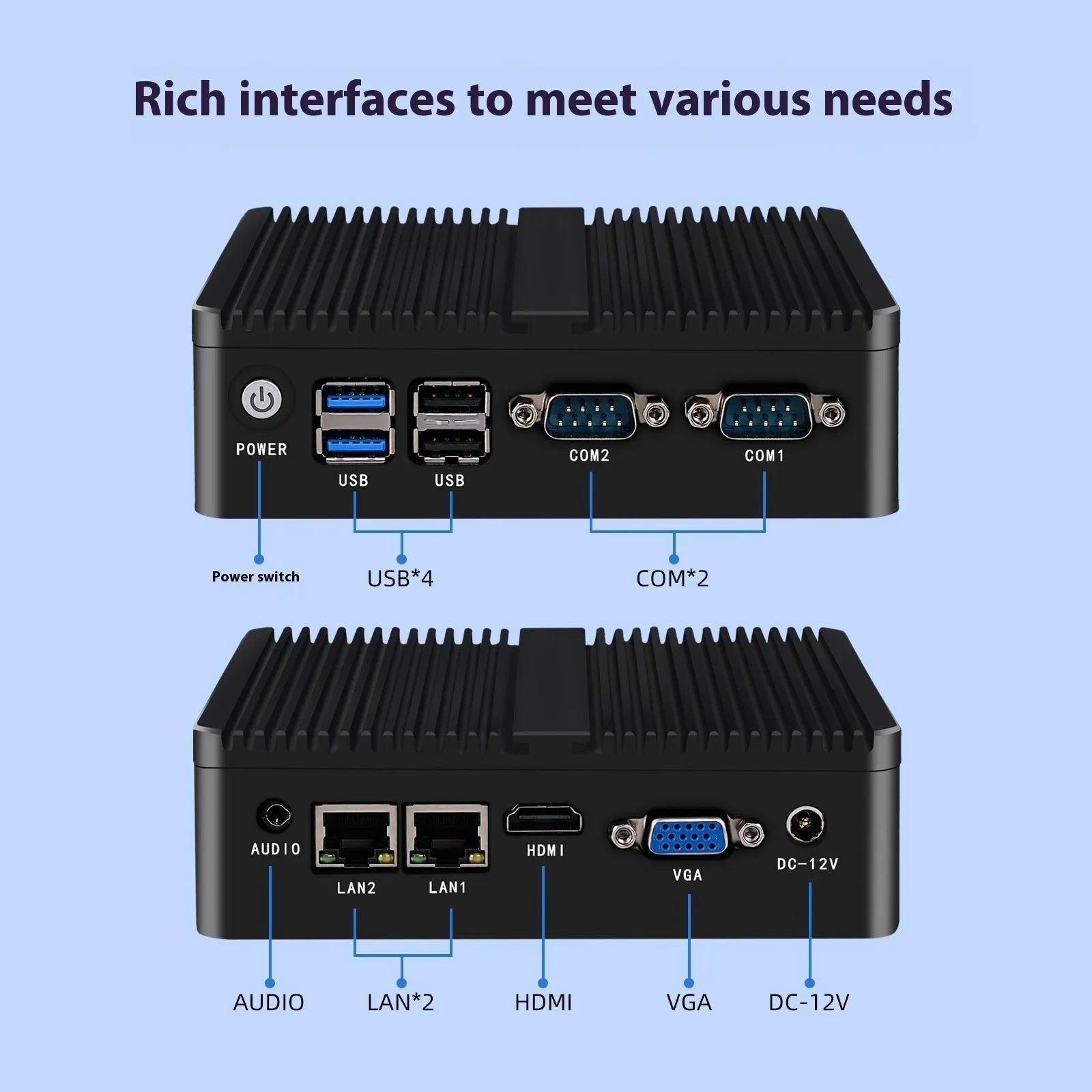 Compact silver industrial fanless mini-host computer with connectivity ports on side.