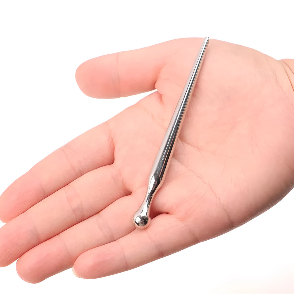 Silver stainless steel urethral plug stick with round beads and flared safety base