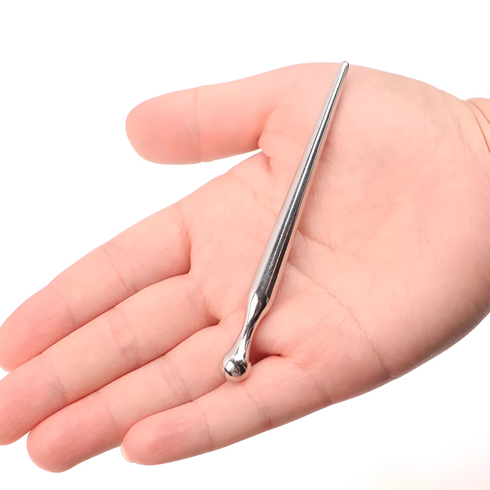 Silver stainless steel urethral plug stick with round beads and flared safety base