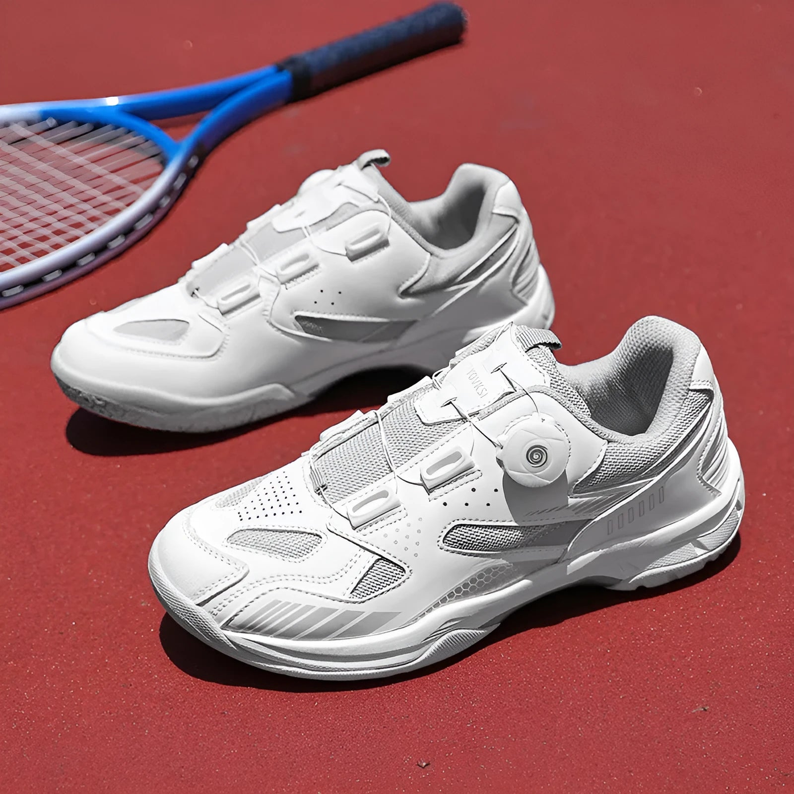 Unisex casual sneakers in microfiber and fabric with flat heel, shown in yellow, black silver, white blue, and white grey colour options.