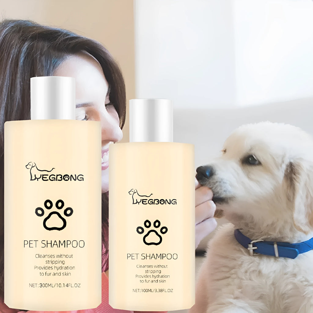 Mild pet shampoo bottle for dogs and cats in 100ml and 300ml sizes for fur cleaning