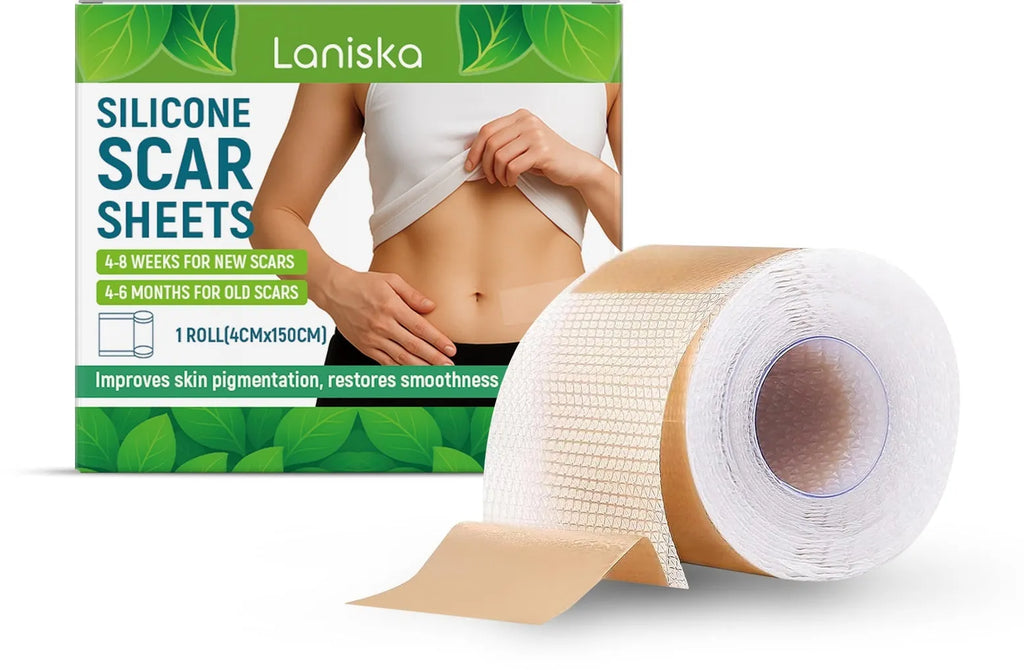 Roll of clear silicone scar sheet measuring 4cm wide, with tea tree oil and aloe extract for scar treatment.
