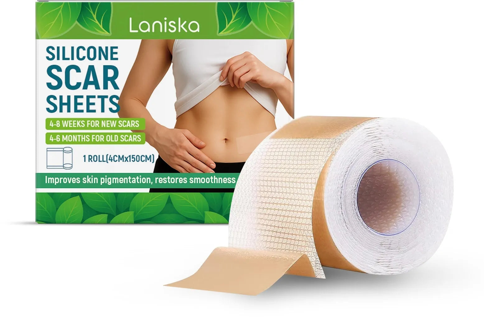 Roll of clear silicone scar sheet measuring 4cm wide, with tea tree oil and aloe extract for scar treatment.