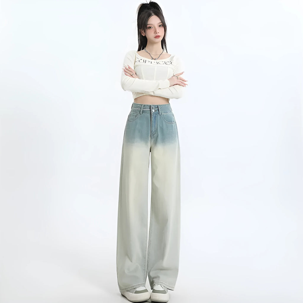 Women's gradient blue straight-leg denim trousers with wide leg fit on hanger