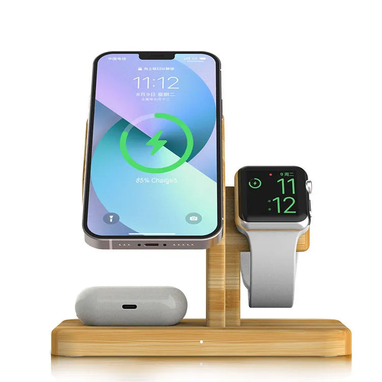 Bamboo three-in-one wireless charger desktop phone holder in natural colour