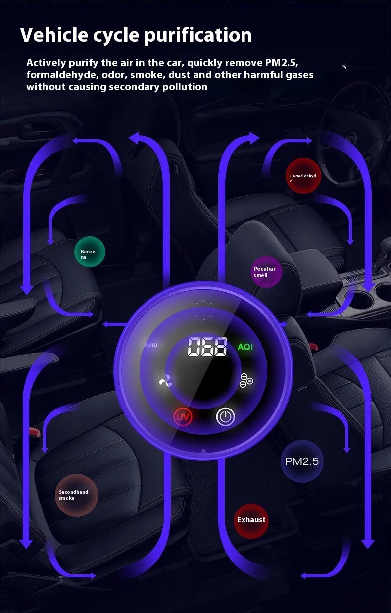 Black car air purifier with USB cable for vehicle cabin formaldehyde removal and negative ion generation