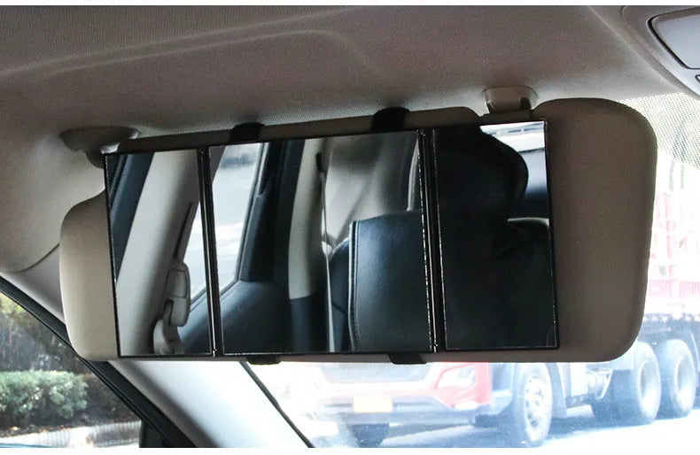 Silver car folding makeup mirror shown both closed and open with dimensions