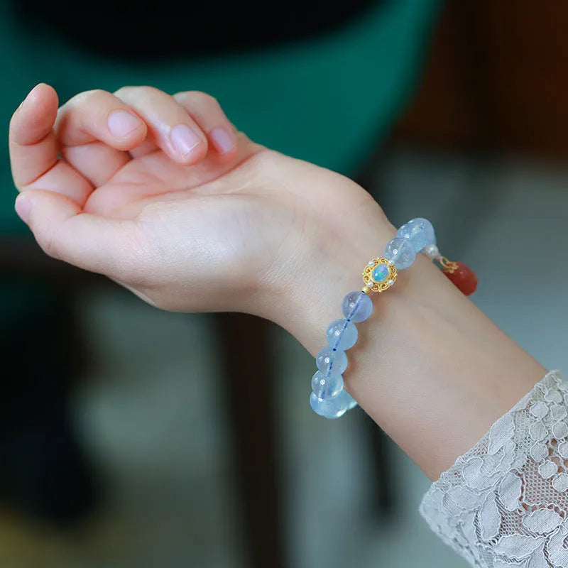 Women's aquamarine Fengjiu DIY bracelet with pink crystal fastening, Chinese style design
