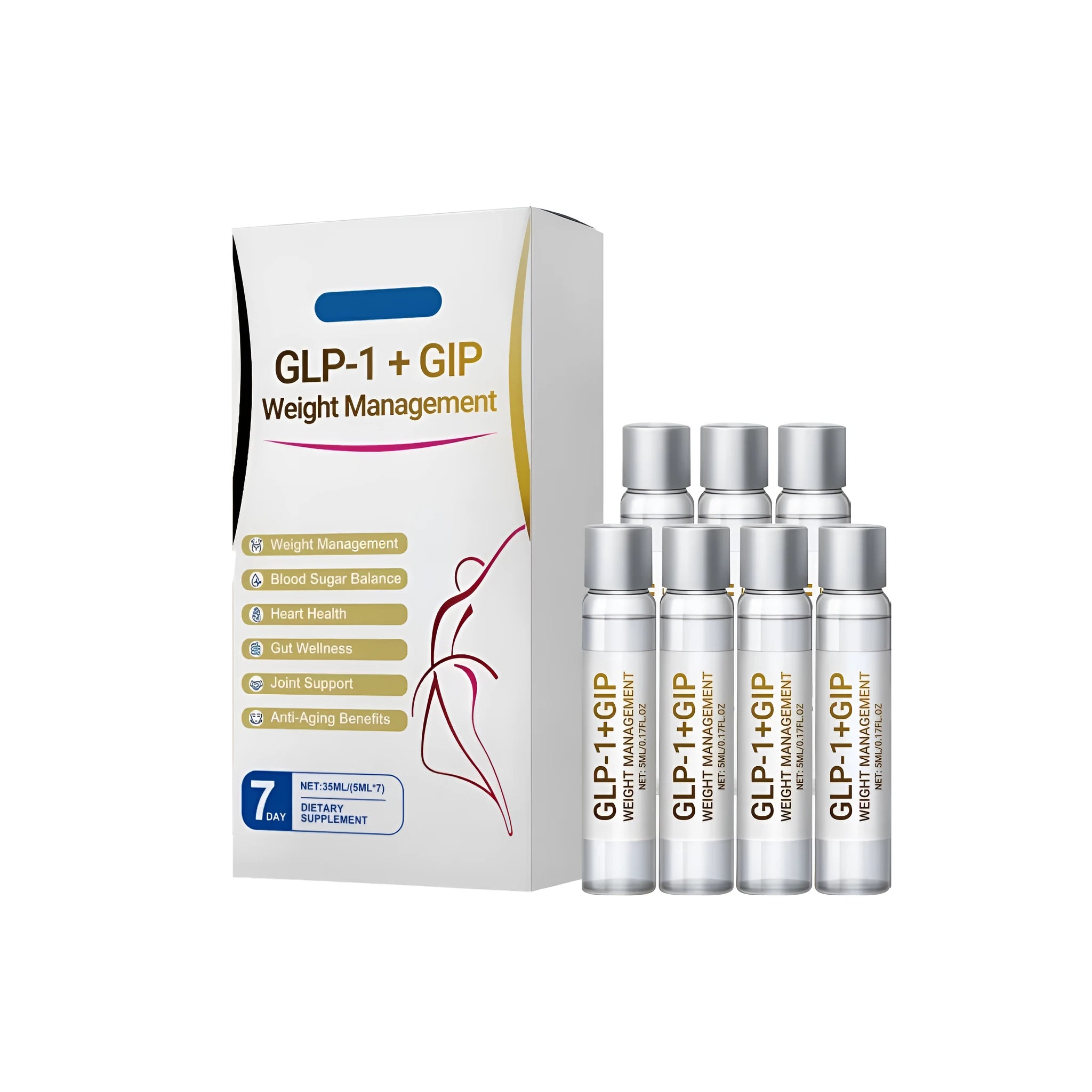 Seven 5ml dropper bottles of dietary supplement containing apple vinegar powder, green tea extract, glucosamine and moringa leaf extract