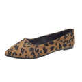 Women's leopard print pointed toe flat pumps with low heel on a white background.