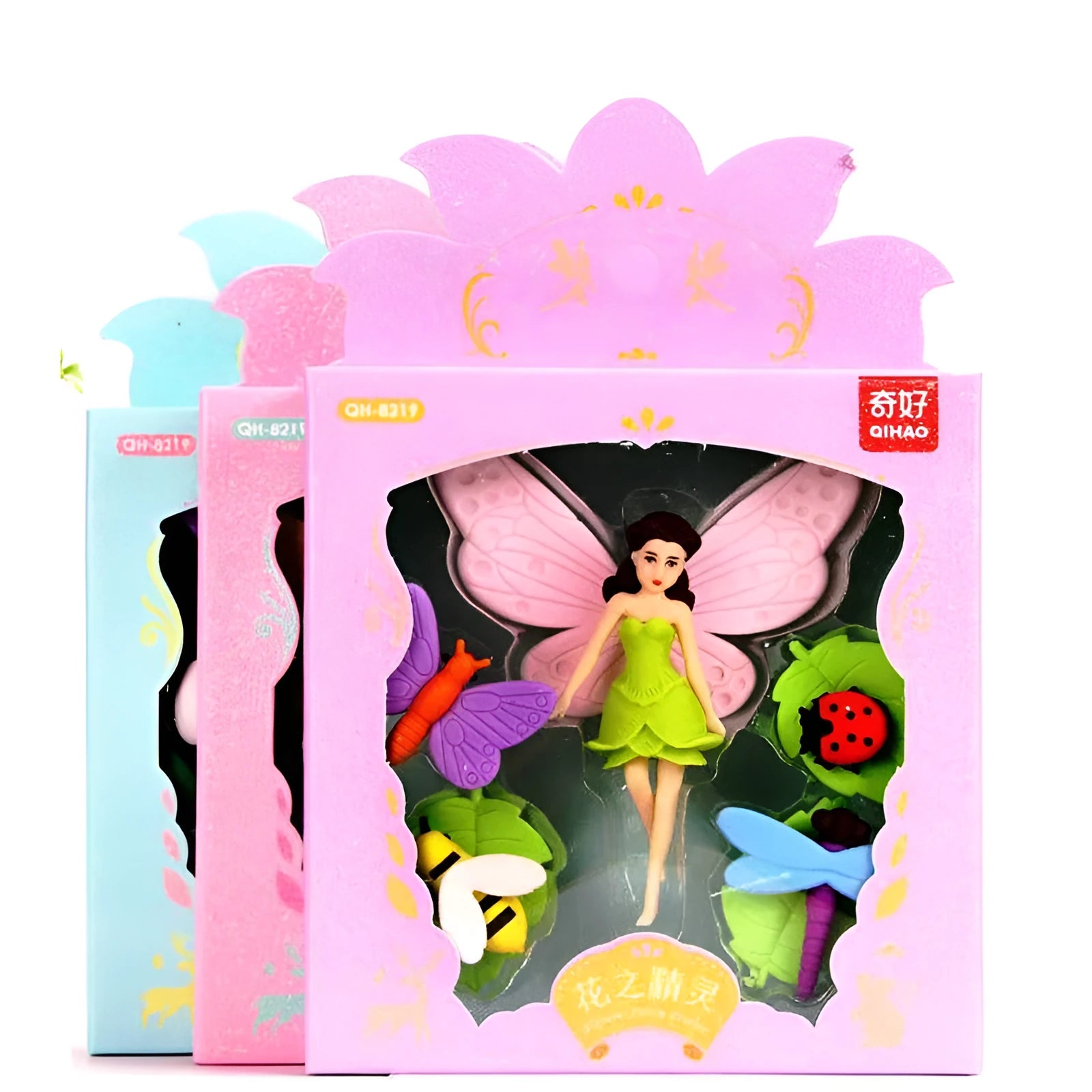 Box of twelve TPR erasers for pencil modification showing Flower Fairy and Mermaid designs