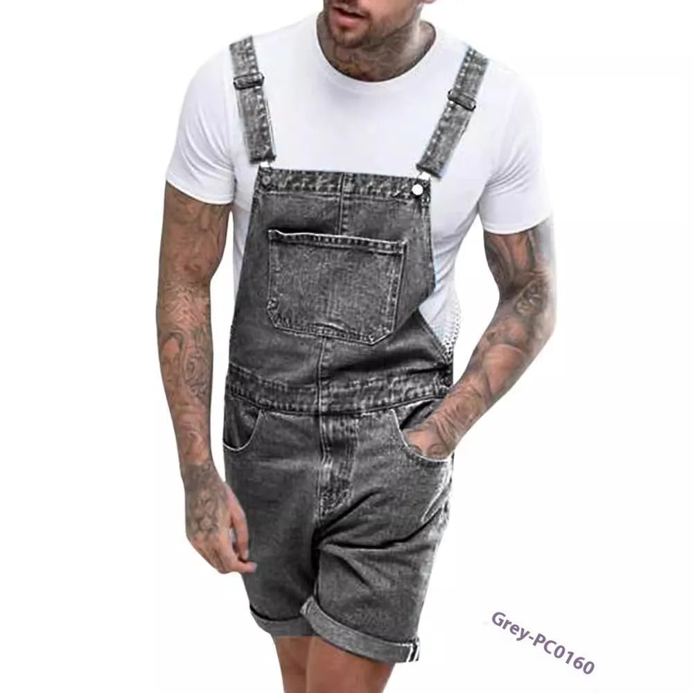 Youth medium elastic denim suspender shorts in black, blue or grey colours with zipper fly