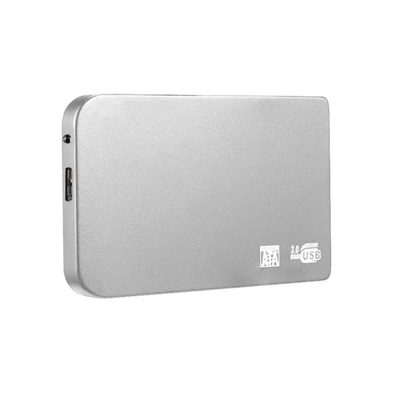 Silver USB 3.0 solid state external hard drive with metal shell and data cable