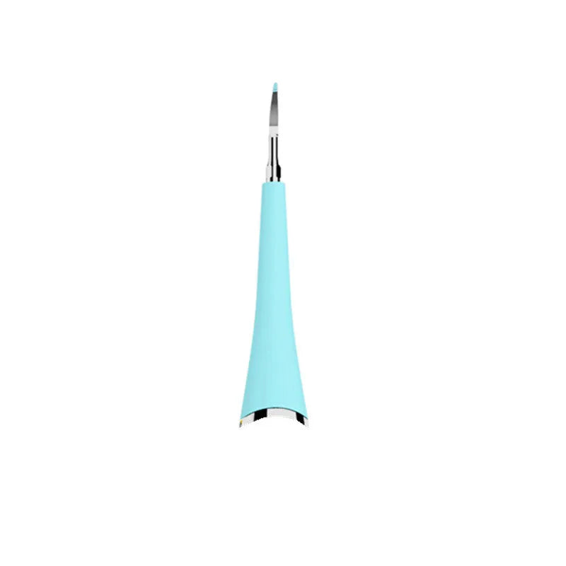 Pink and blue waterproof electric tooth scaler with integrated handle on a bathroom counter.