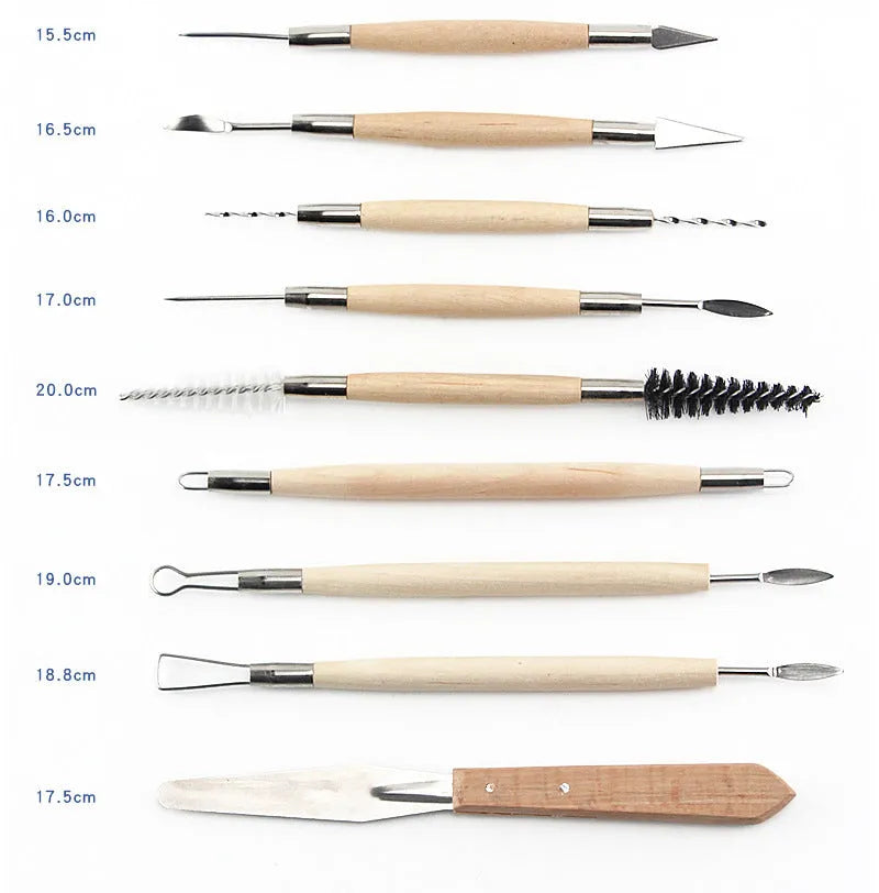 27-piece pottery clay tool set with roll bag containing wood and stainless steel sculpting tools