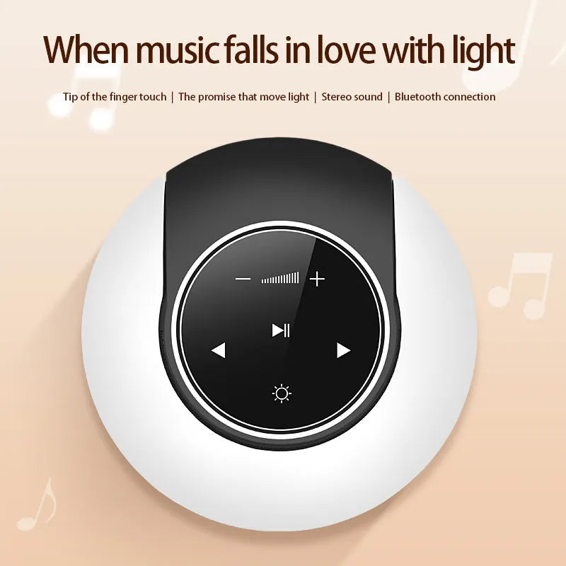 Blue and white Bluetooth desk lamp speaker with touch controls in folded position showing dimensions