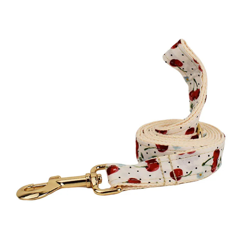 Red cherry print pet collar set with matching leash, vest, and gold buckle on dog model