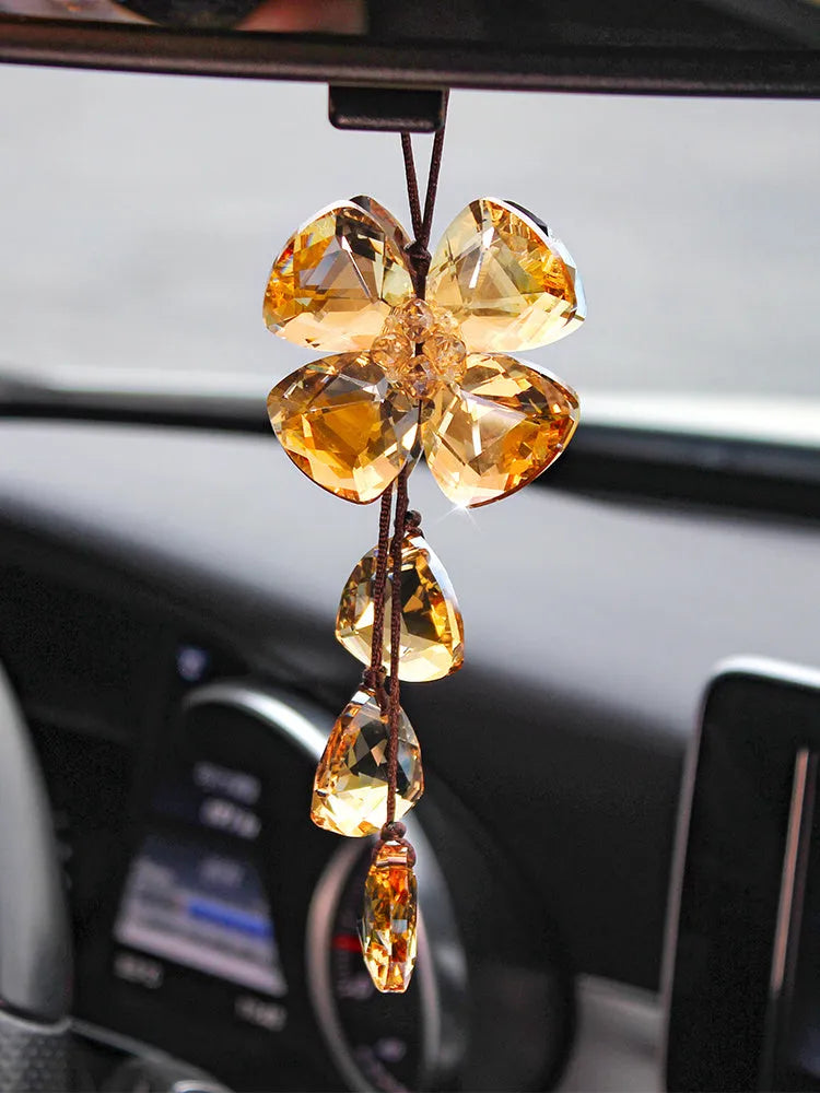 Crystal four leaf grass pendant for car interior decoration, approximately 20cm in size.