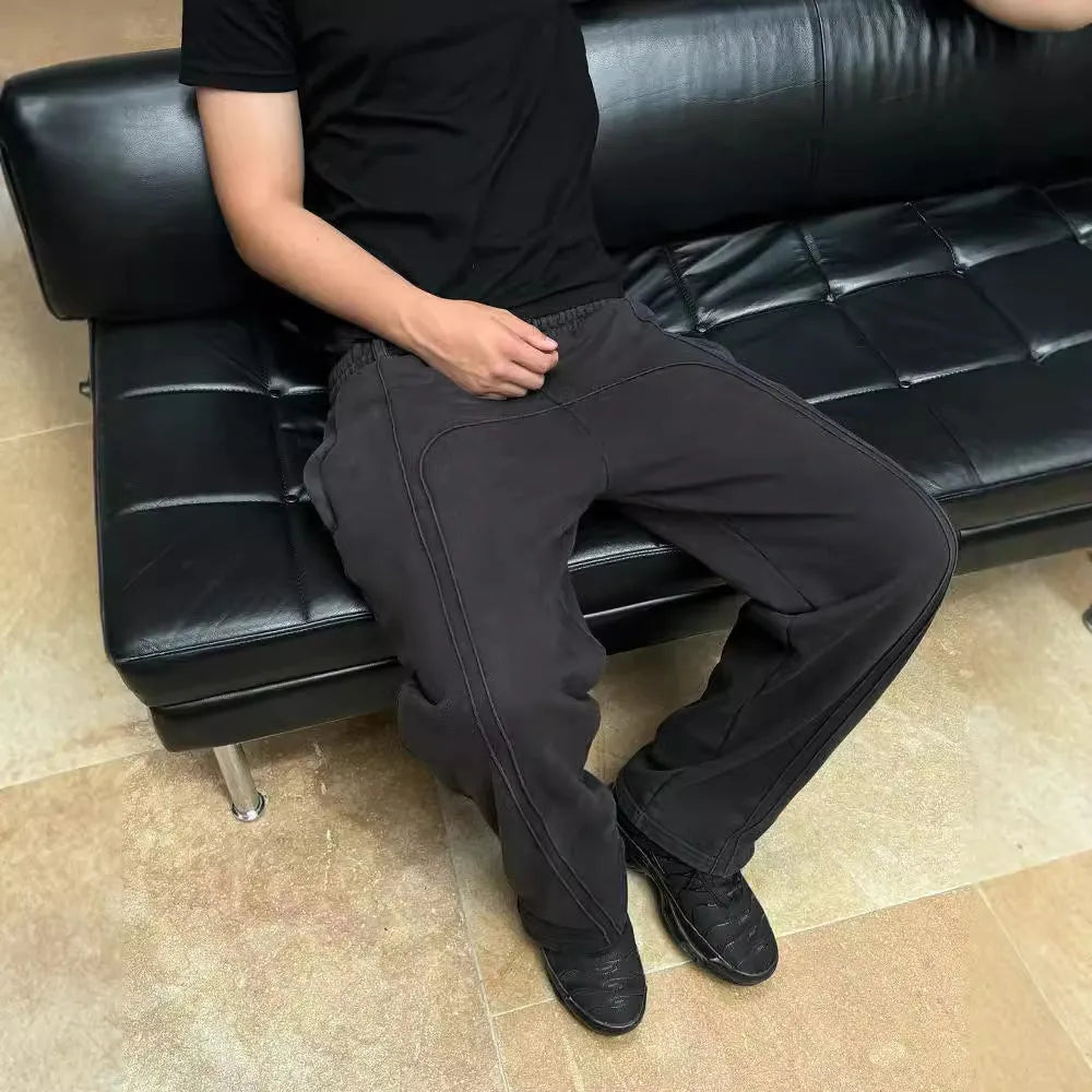 Men stretch rope sweatpants casual trousers loose fit quilting craft polyester black