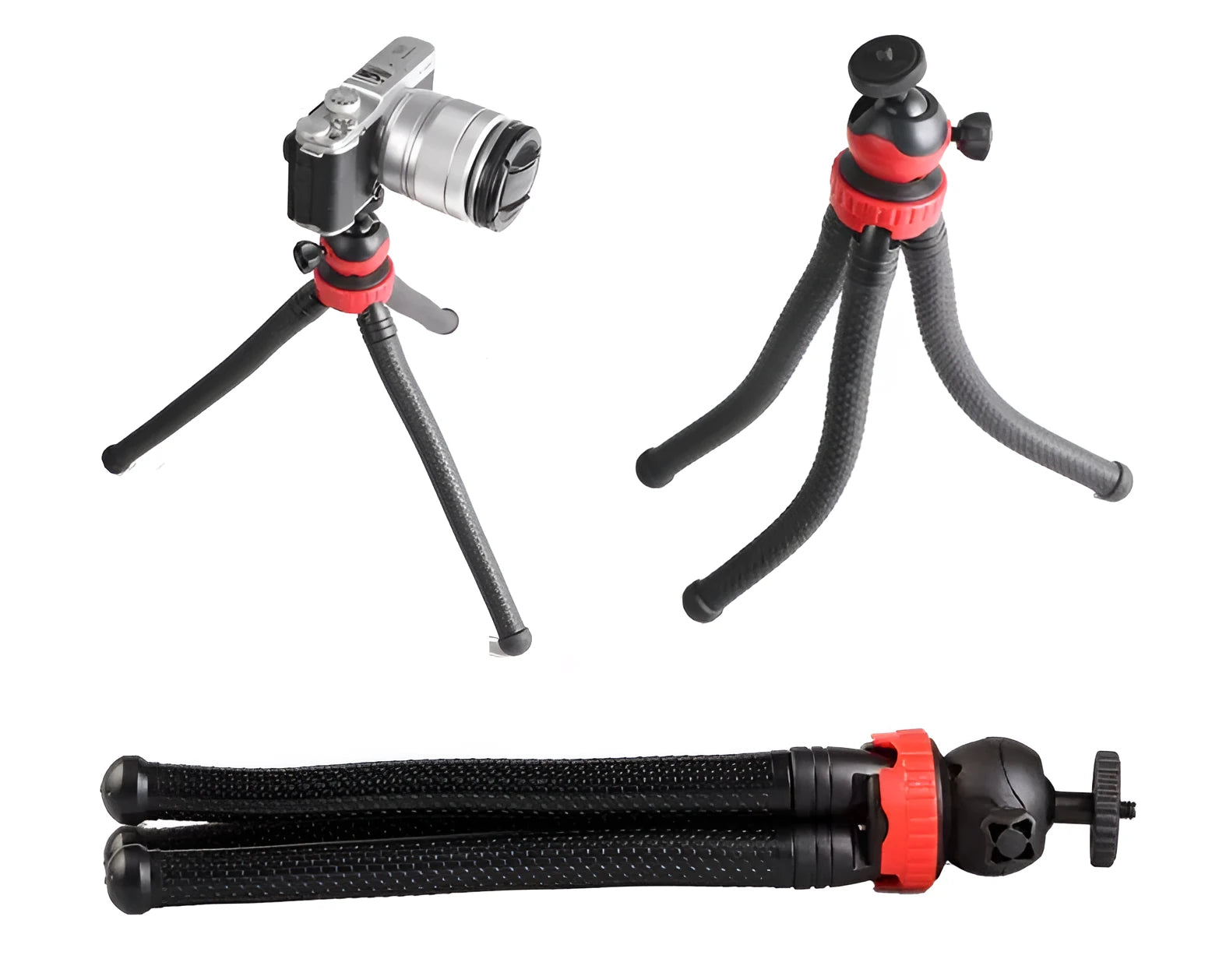 Black octopus tripod with flexible rubber legs and a spherical gimbal head, extended to 30cm.