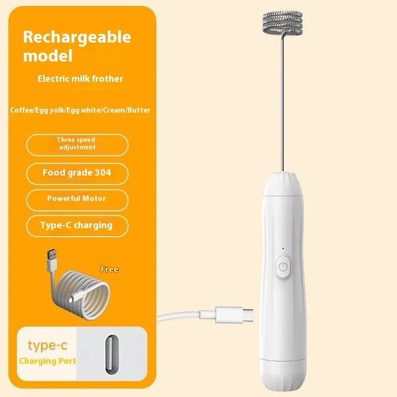 Mini handheld electric milk frother in black, white, or khaki with stainless steel whisk and USB charging port.