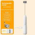Mini handheld electric milk frother in black, white, or khaki with stainless steel whisk and USB charging port.