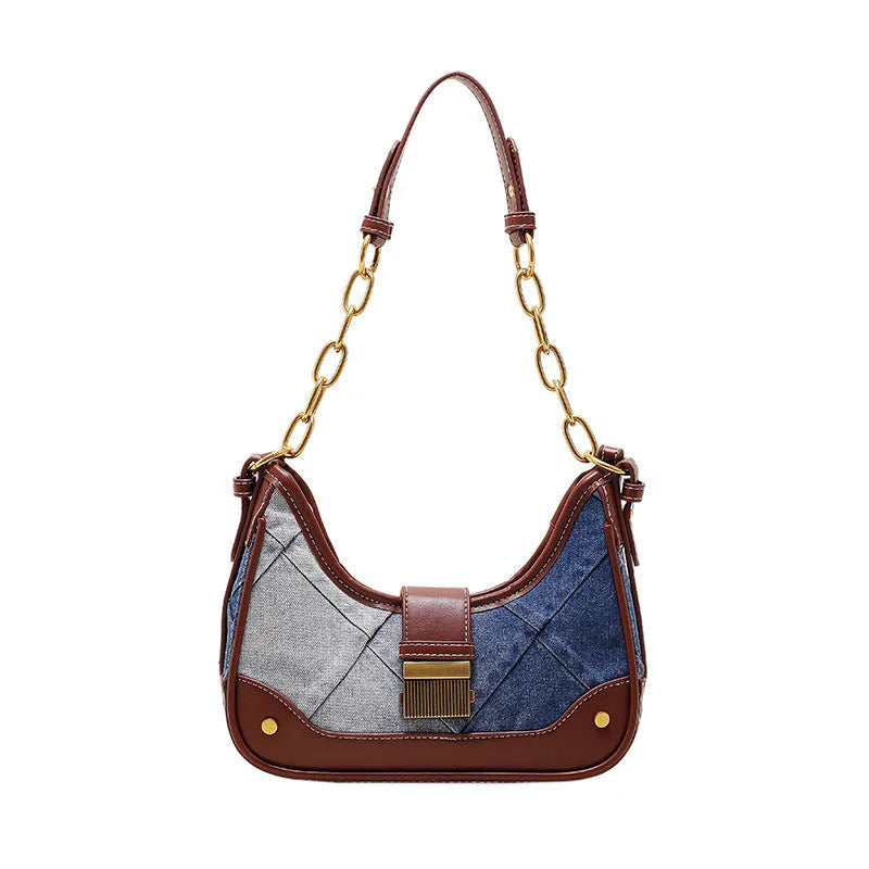 Brown denim women's bucket shoulder bag with diamond mesh, chain detail, and double straps.
