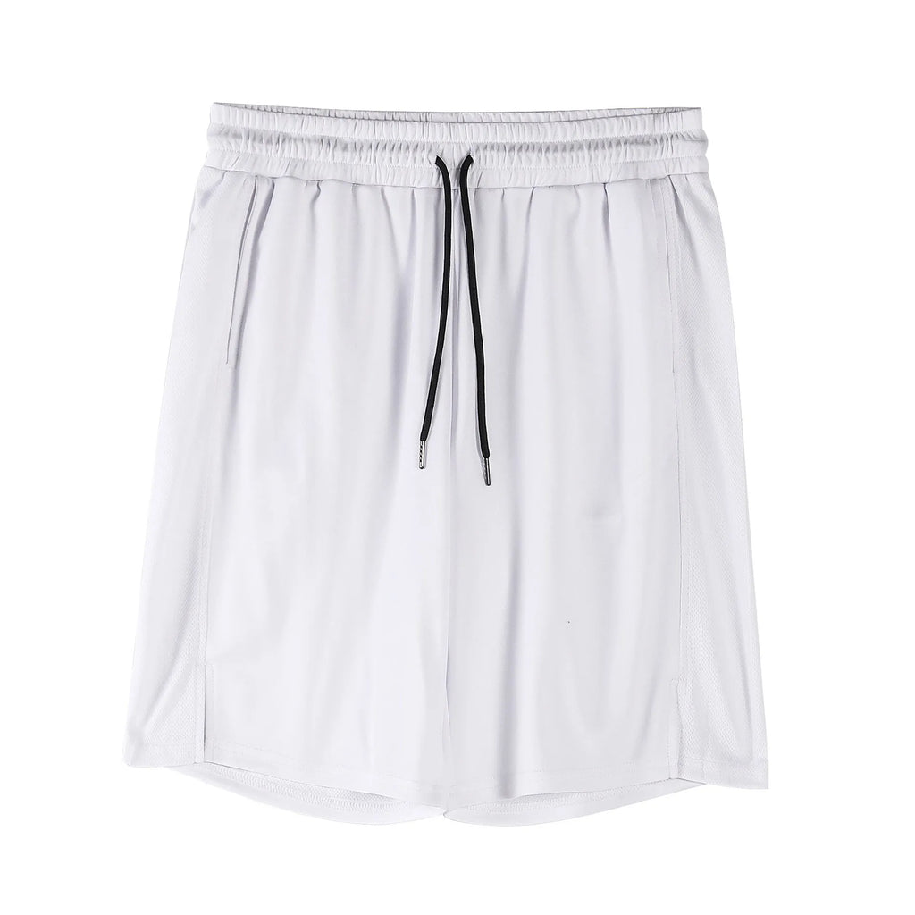 Men's black quick-drying mesh fitness shorts with an elastic waistband, shown in a loose, capri-length style.