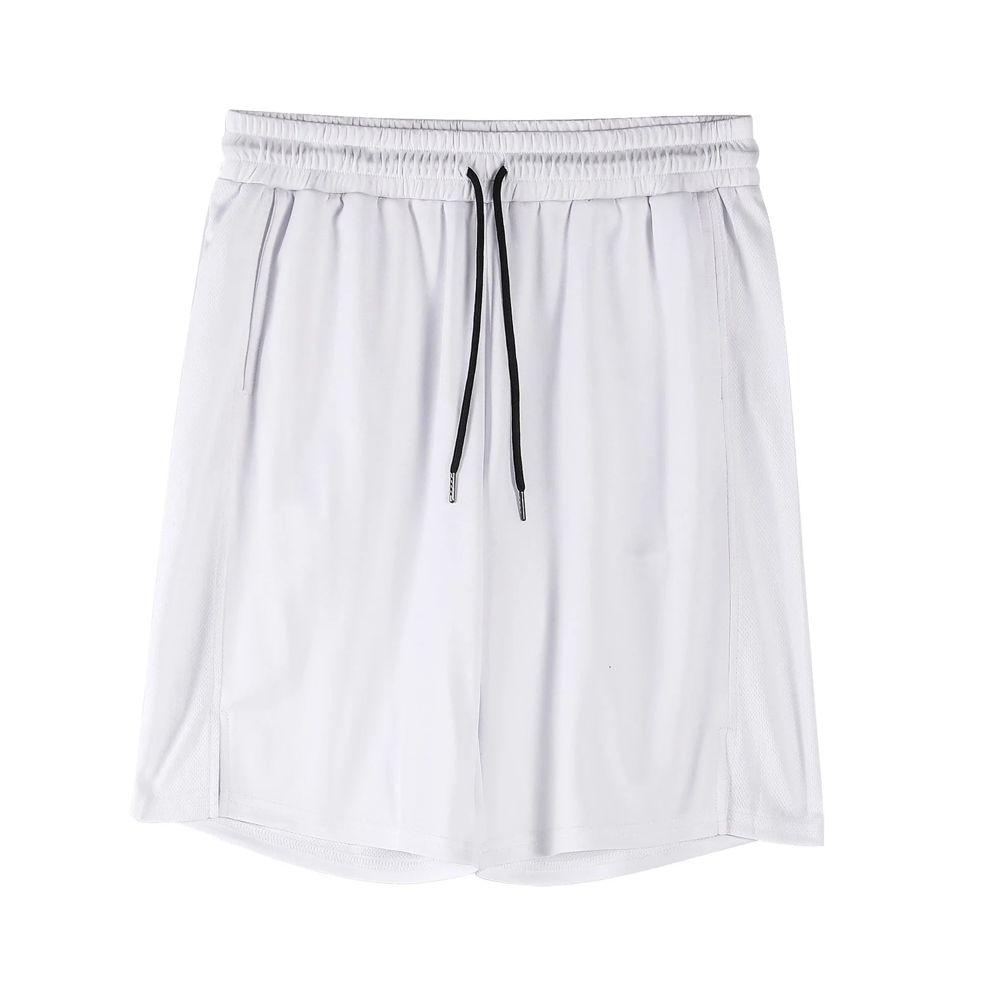 Men's black quick-drying mesh fitness shorts with an elastic waistband, shown in a loose, capri-length style.