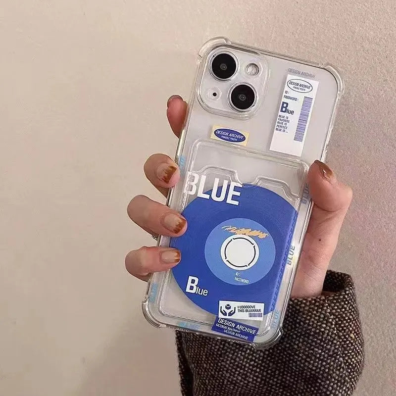 Klein Blue transparent card sleeve phone case for iPhone showing front and back with card slot