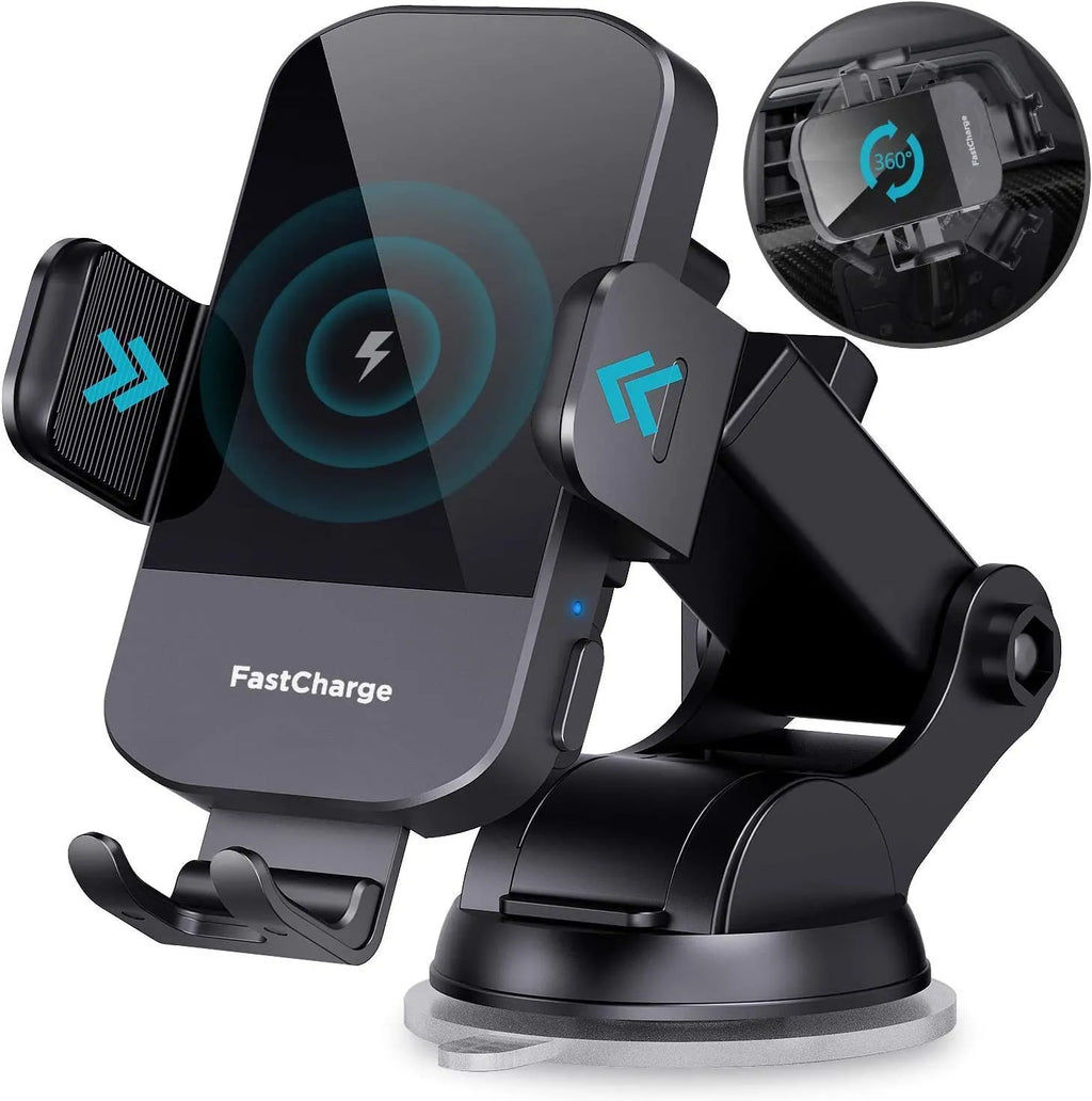 Black car wireless charging stand with 15W fast charging on dashboard