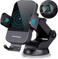 Black car wireless charging stand with 15W fast charging on dashboard