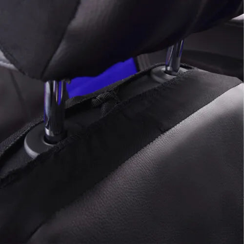 Artificial leather car seat cover set in multiple colours showing front seat, headrest, and back seat pieces.