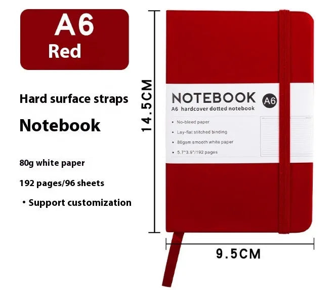 A5 soft touch PU leather notebook open on lined pages, shown in multiple colour options.