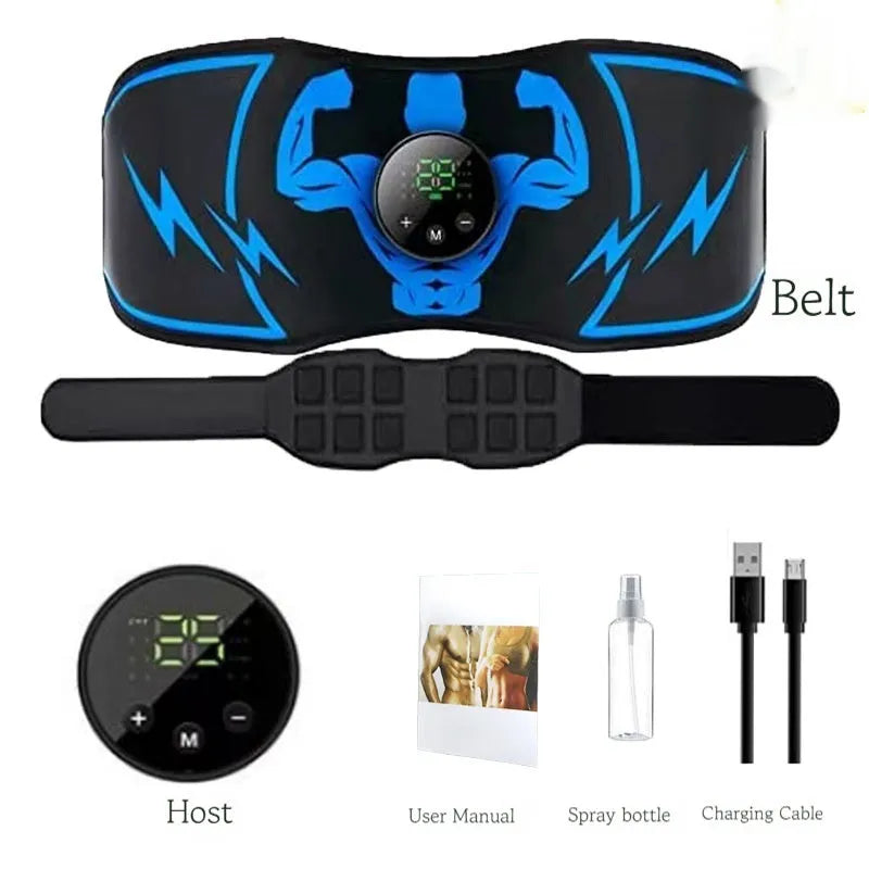 Blue EMS abdominal muscle stimulator belt with wireless remote control and rechargeable fitness system