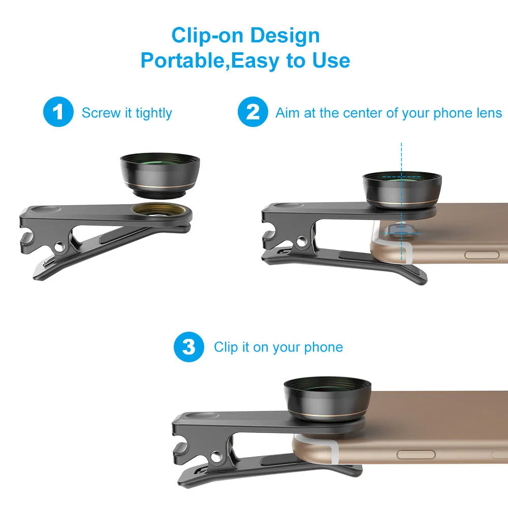 6-in-1 universal smartphone camera lens kit with aluminium housings and clip mount