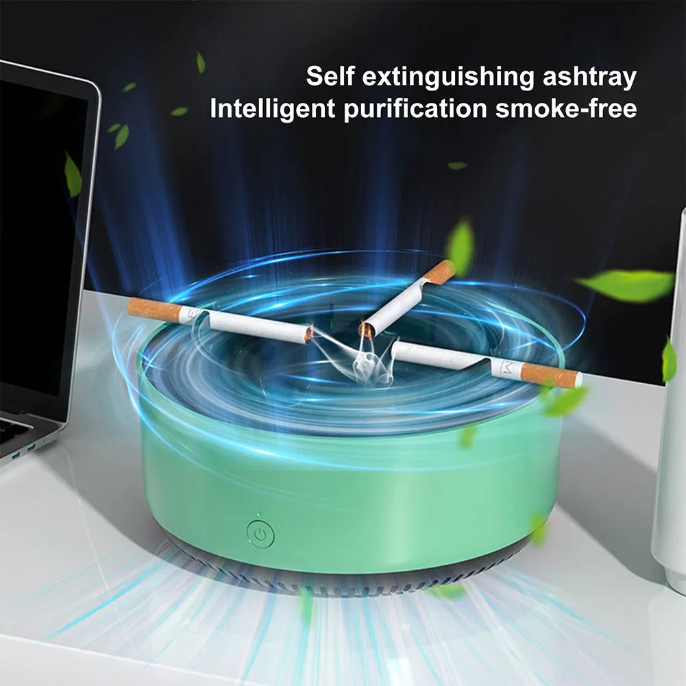 Grey intelligent electronic air purifier ashtray on a desk with cigarette butts in grooved tray.