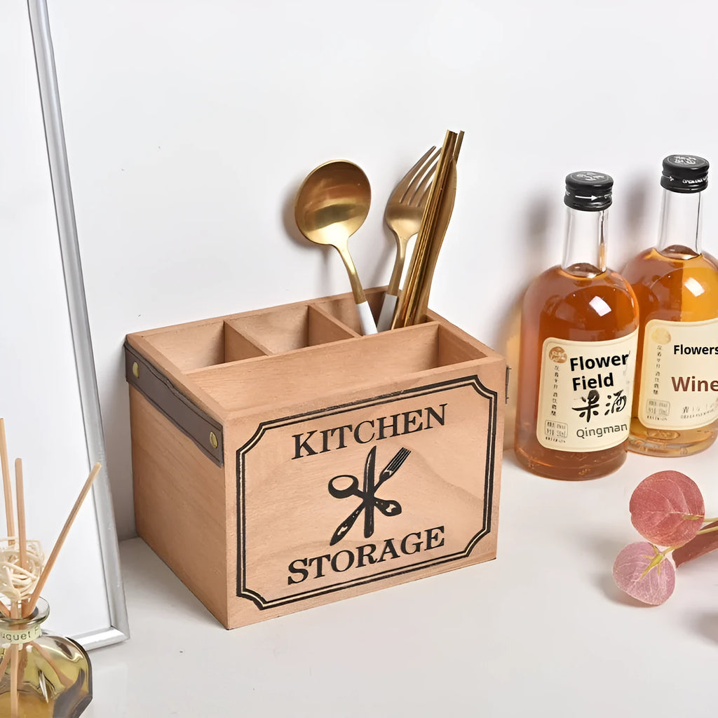 Wooden kitchen storage box with divider grid for knives forks chopsticks