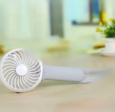 200mm mini USB hand fan with rechargeable battery in blue, green, grey, or pink colours showing adjustable speed controls