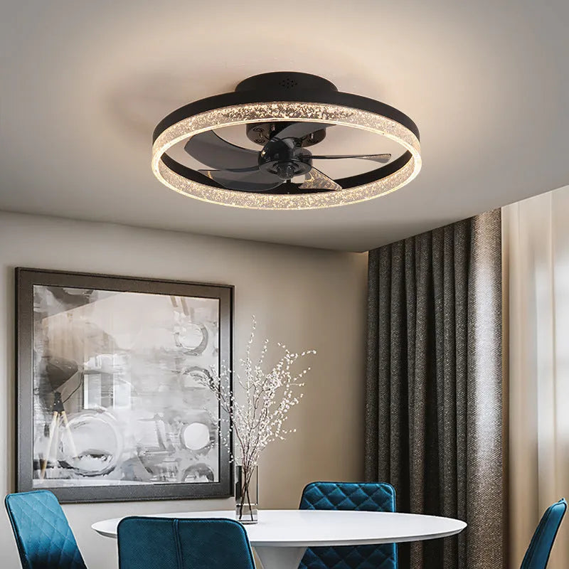 Nordic style ceiling fan with integrated LED lighting and remote control in coffee gold finish