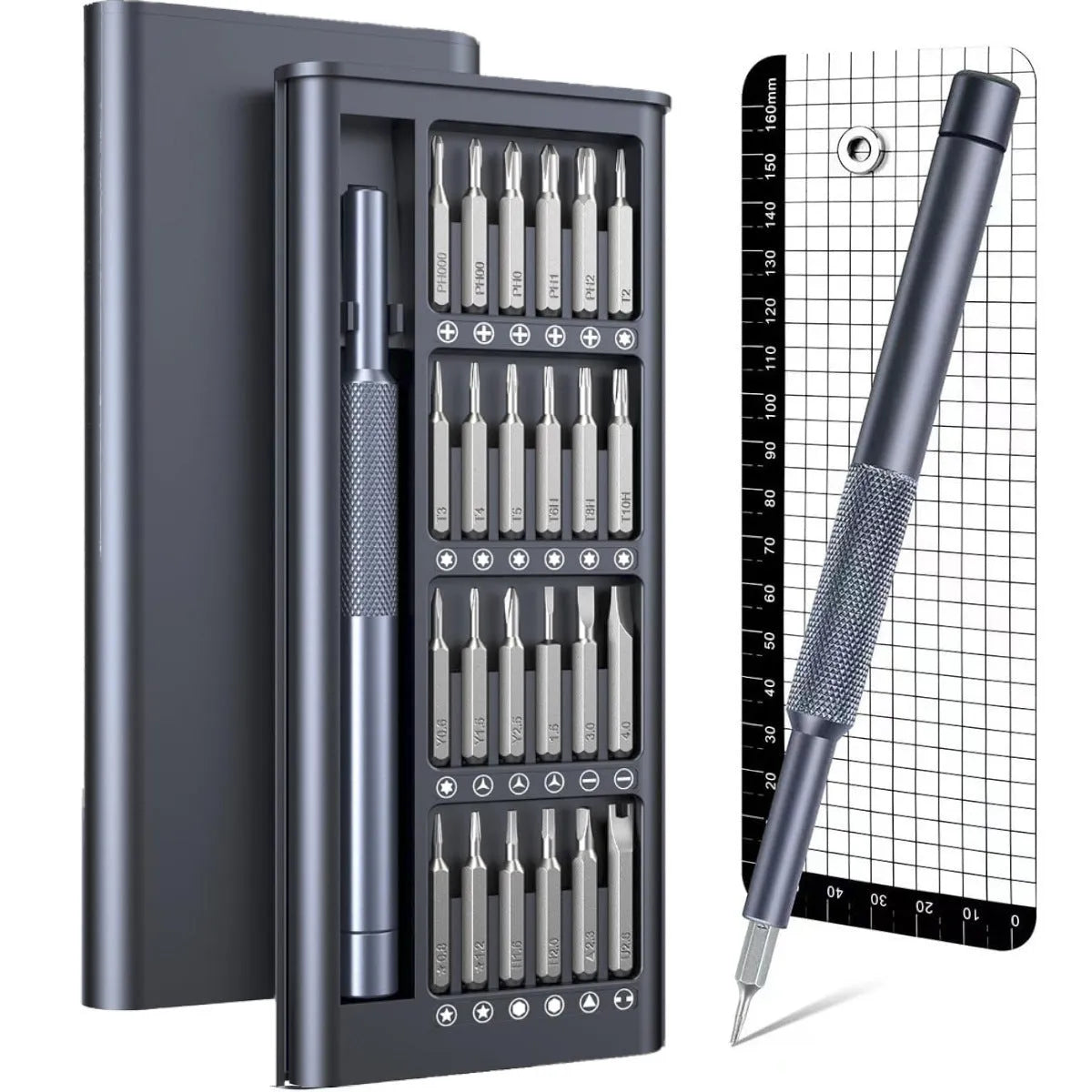 25-in-one magnetic screwdriver set with chrome vanadium steel shaft and compact 110mm length.